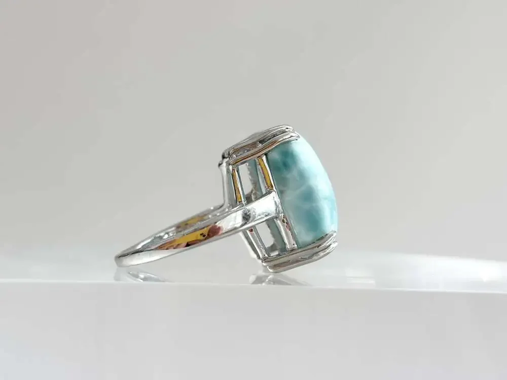 Larimar Solitaire Cabochon Gemstone Sterling Silver Claw Prong Set 925 Vintage R